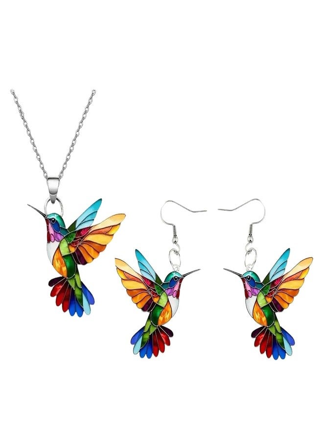 TACBSP Colorful Hummingbird Necklace Earrings Set for Women 2D Hummingbird Pendant Necklaces Acrylic Hypoallergenic Cute Bird Earrings for Women Bird Lovers (Set) - Image 1